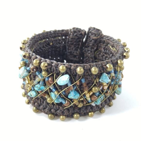 Wide Cuff Brown Bracelet Blue Gemstones & Seed Beads - Picture 2 of 8